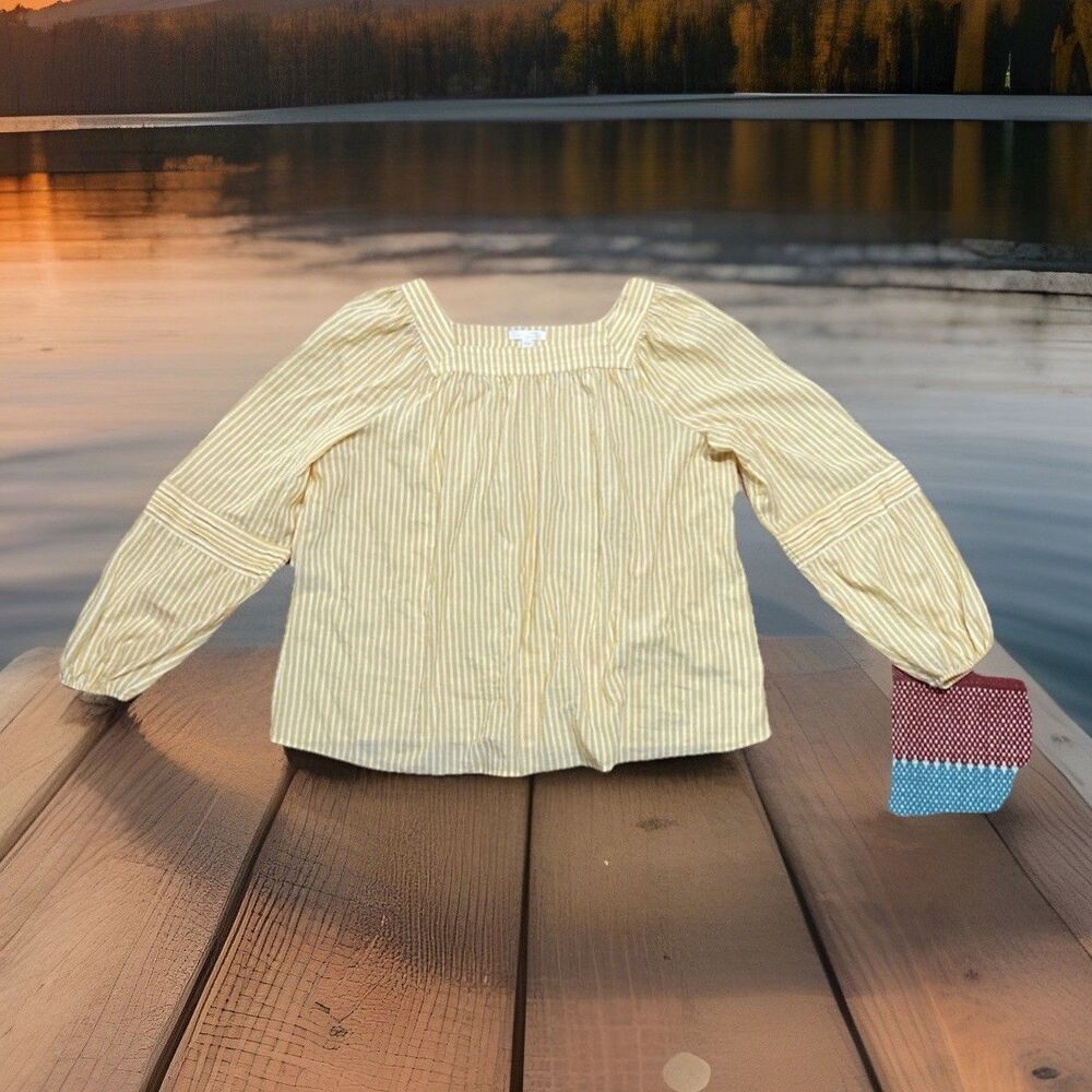 Womens Yellow & White Stripe 3/4 Puff Sleeve Square Neck XXL Boho Gypsy